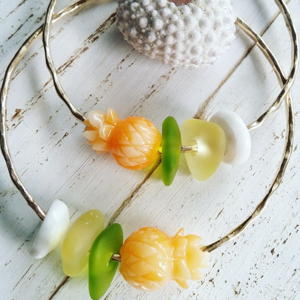 Orange Pineapple | Sea Glass | Puka Shell | Gold Bangle - Picture 1 of 1